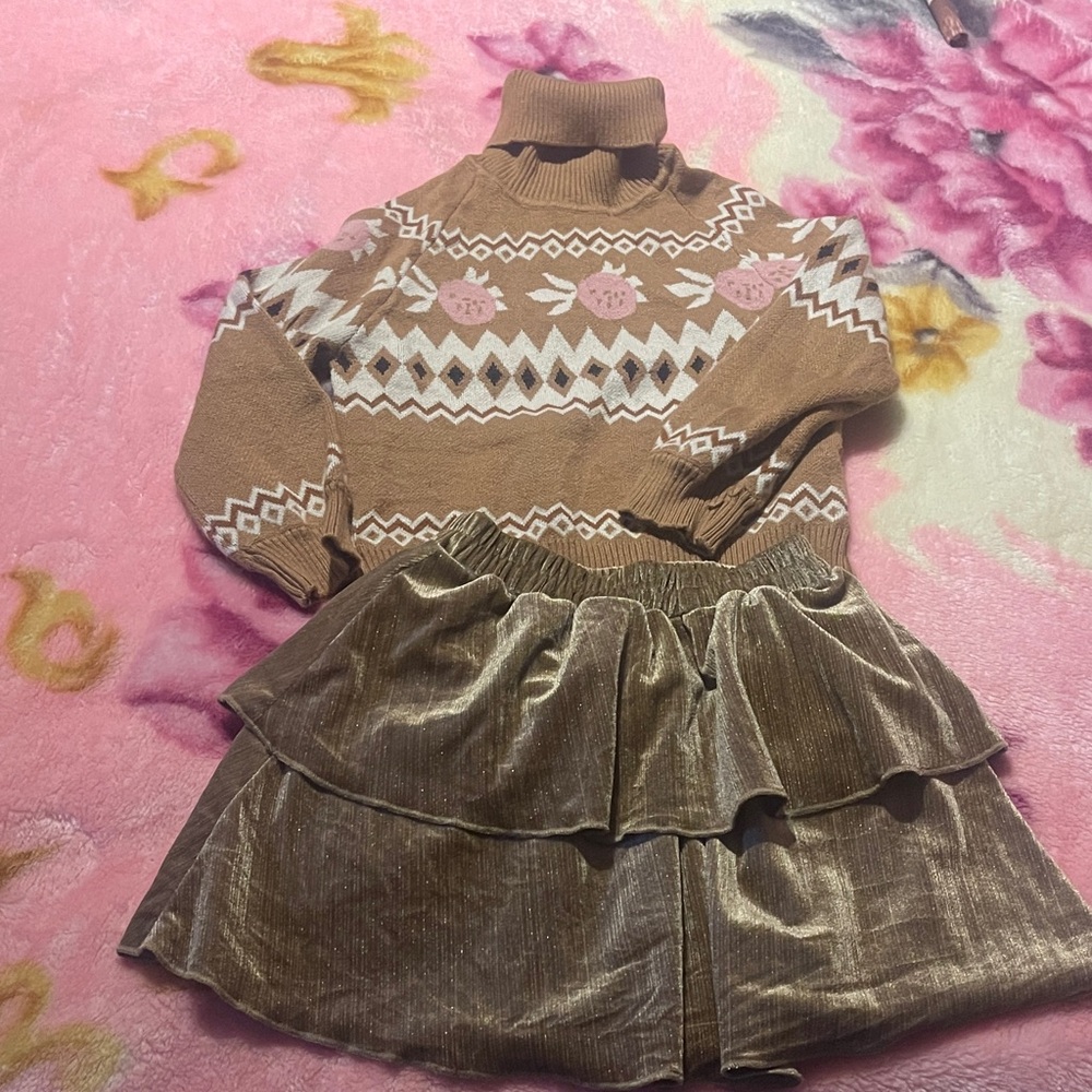 Sparkle in pink Brown and Pink Sweater with Velvet Skirt